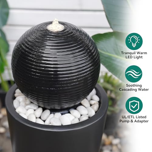 Autodaya 30"H Ceramic Sphere Water Fountain with LED Light for Garden Patio | Modern Minimalist Design, Black Glaze with White Pebbles, Soothing Trickling Water Feature, Artistic Charm, Tranquil Ambiance - color: 30"h Black