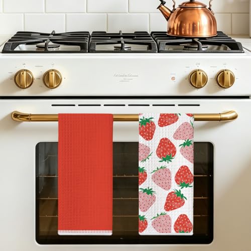 2 Pcs Strawberry Kitchen Towels, Summer Fruits Waffle Weave Hand Towels | Red Absorbent Microfiber Dish Cloth Tea Towel for Kitchen Home Decor, Strawberry Gifts for Women Mom Grandma 24x14 Inch - color: Multi 1386