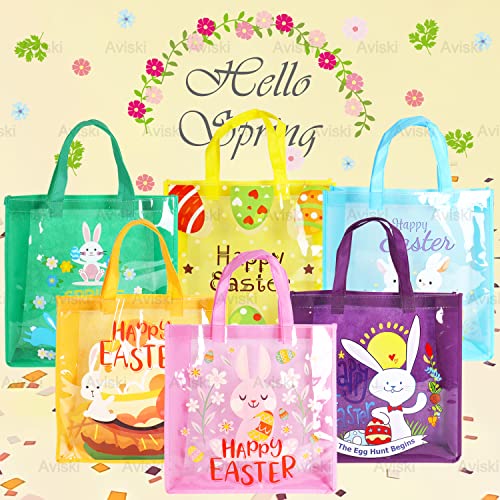 6PCS Happy Easter Egg Hunt Bags Easter Bunny Carrot Chick Egg Gift Bags with Handles, Easter Treat Bags, Multifunctional Non-Woven Easter Bags for Gifts Wrapping, Easter Party Supplies , 13×13×4inch - color: Pink Purple Green Blue Orange