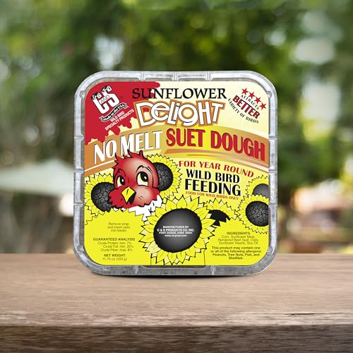 C&S EZ Fill Sunflower Suet and Snak Feeder, Holds One 56-Ounce Suet Cake | Hanging bird feeder with steel roof, platform base, top-opening suet cage for multiple standard suet cakes - style: Sunflower 12-Pack