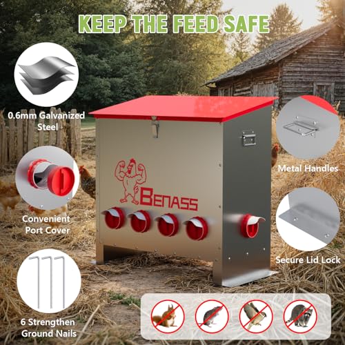 Metal Chicken Feeder, 150 LBs, 10 Ports | Automatic, No-Wase, Predator Proof Latch, Weatherproof, Anti-Tip Stakes, with Vegetable Hanging Feeder - size: 150 LB-10 Ports