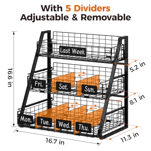 Egg Holder Countertop with 3 Pull-Out Tier Baskets, Black | Sturdy Metal Frame, 5 Adjustable Dividers,7 Date Tags, Egg Basket for Gathering Fresh Eggs, Chicken Coop Accessories - color: Black
