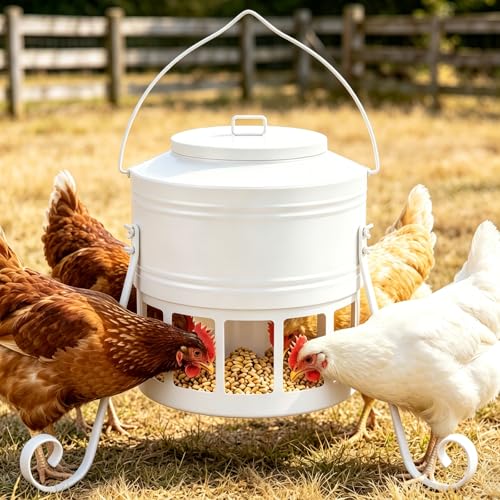 Metal Chicken Feeder, 20Lbs Large No Waste Chicken Feeder with 12 Ports, Heavy Duty Poultry Feeder with Lid & Handle, Rat Proof Rust Proof Feed Box for Chickens Ducks Geese Backyard Farm (White) - color: White