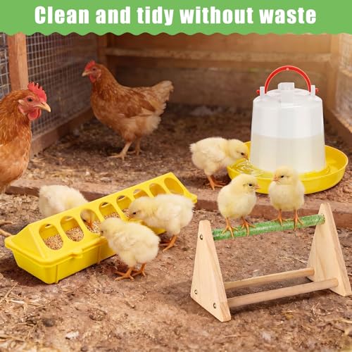 14 Pcs Chick Feeder and Waterer Kit with Wooden Perch Baby Poultry Starter Set 1.5 L Feeding Dispenser for Small Poultry Ducks Quail Pigeon Coop and Brooder (Yellow) - color: Yellow