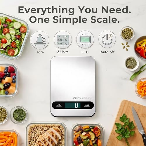 CINCY Digital Food Scale for Kitchen – Stainless Steel Kitchen Scale with Tare Function, Large LCD – Meal Prep, Baking & Cooking Scale - 6 Units (g/oz/lb/ml/kg) -10kg/22lb Capacity, 1g Precision