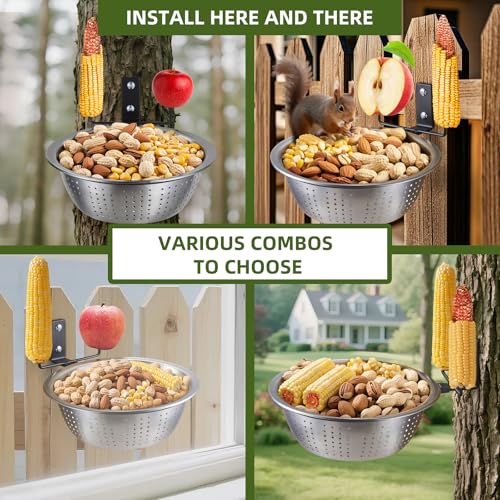 Squirrel Feeder with 8.5" Colander Bowl Tree/Fence Mounted, 2 Corn Cob Spikes for Various Food Backyard, Metal Squirrel Feeders for Outside, Removable Feed Bowl Nice to Clean/Refill,1 Set - size: 1 Stand 1 Bowl