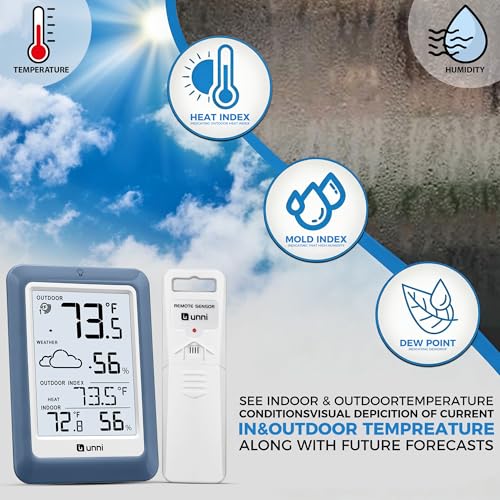 Indoor Outdoor Thermometer Hygrometer Wireless Weather Station, Temperature Humidity Monitor Battery Powered Inside Outside Thermometers with 330ft Range Remote Sensor(Blue) - color: Blue