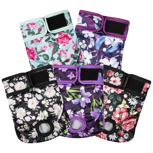 Washable Reusable Female Dog Diapers(5 Pack) Small Medium Large Doggie Puppy & Doggy Dog Diaper, Period Panties in Heat Medium - color: Flower, size: Medium