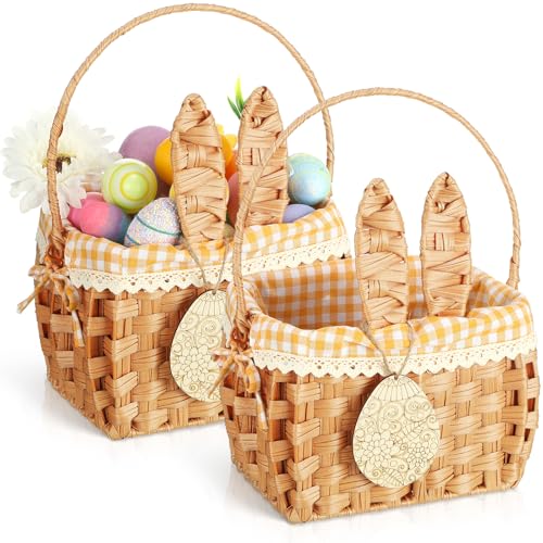DoubleFill 1pcs Wicker Easter Basket Wicker Picnic Basket with Tag Empty Rattan Bunny Basket with Handles & Liner Willow Hamper Basket for Eggs & Candy Storage Fruit(Yellow Plaid) - color: Yellow Plaid