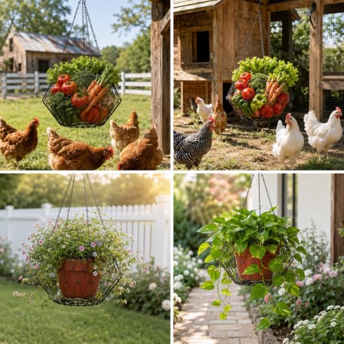 2 Pack Foldable Iron Hanging Chicken Feeder, 6.4 Inch Poultry Feeder Basket with Hanging Chains, Vegetable Hanging Feeder for Duck Rabbit Goose Coop Boredom Relief Toy