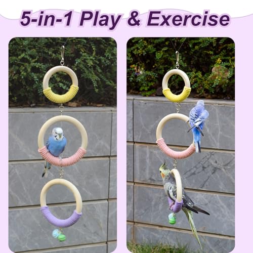 3-Ring Bird Wooden Swing with Bell Climbing Toy Chewable Cotton Rope Perch | 17 Inch for Cage Cockatiels Budgies Parakeets Lovebirds