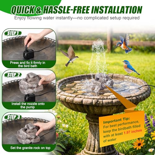 All Weather Electric Bird Bath Fountain, 8W Water Pump Resin Granite Rock | 2 Nozzles and 3 Adjustable Flow Modes, IPX8 Waterproof Outdoor Fountain Pump for Bird, Birdbath, Fish Tank, Ponds