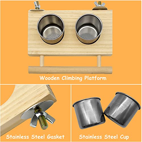 Tfwadmx Bird Food Stainless Steel Cups Wooden Perch Stand Hanging Feeder Bowls Feeding and Watering Supplies for Parakeets Conures Cockatiels Budgie Parrot - size: 8’’x 5’’