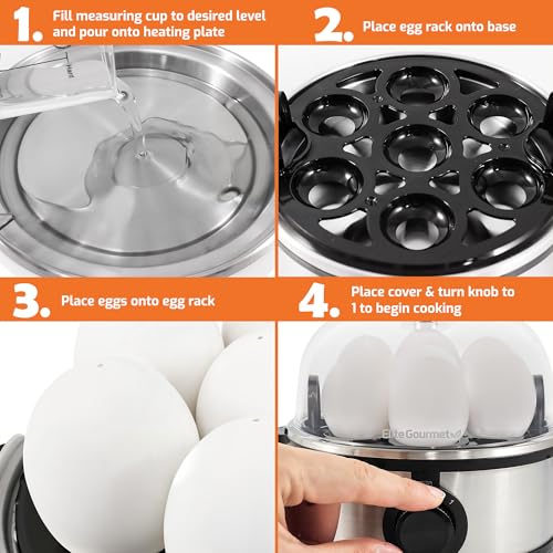 Elite Gourmet EGC724SS Egg Boiler Cooker, 7-Egg Poacher/Omelet Maker, Steel | Cooks soft, medium, or hard-boiled eggs, also scrambles - auto shut-off with buzzer - measuring cup included - BPA-free - color: Stainless Steel, size: 7 Egg