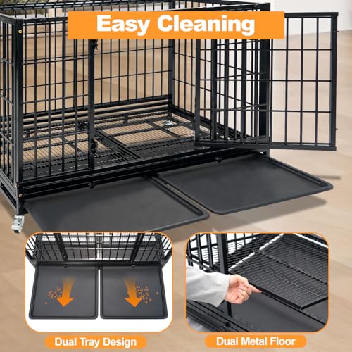 Homey Pet Heavy Duty Dog Crate for Large Dogs, Indestructible Kennel | 47 Inch Stackable Large Dog Cage with Lockable Wheels, Removable Tray & Grid, Multi Locks Strong & Solid Escape Proof - size: 46.5"L x 28.5"W x 35"H