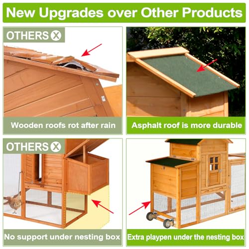 Chicken Coops for 1-2 Chickens with Wheels, Outdoor Wooden Hen House with Nesting Box, Large Rabbit Hutch, Outside Poultry House, Wire Fence Run Cages, Weatherproof for Backyard(Wooden) - size: 80.3"L x 24.2"W x 39.0"H