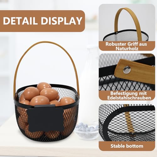Farmhouse Egg Baskets for Gathering Fresh Eggs, Oval Metal Egg Collecting Basket Egg Holder with Wooden Handle, Countertop Kitchen Decor