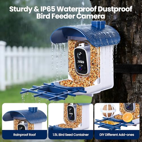 Smart Bird Feeder with Camera : 2K HD Video Live Stream, AI Birds Species Identification ＆ Instant Arrival Alerts, Solar Bird Feeder Camera for Outdoor Backyard - Ideal Gifts for Mom Dad Birdlovers - color: Blue