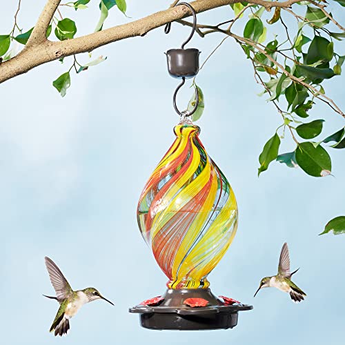 LUJII Ice Cream Shaped Spiral Hummingbird Feeder for Outdoors Hanging, Hand Blown Glass, 28 fl.oz, Leak Proof & Rustproof, Includes an Ant Moat, Unique Garden, Outside & Backyard Decor (Ribbon) - color: Ribbon, size: Small
