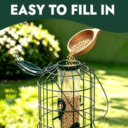 Squirrel Proof Bird Feeder, Metal Caged Outdoor Hanging Seed Feeder with Rainproof Cover & 4 Feeding Ports, Chew Proof Weather Resistant Easy Clean Garden Yard Feeder for Small Wild Birds
