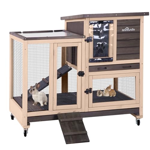 GUTINNEEN Rabbit Hutch Wooden Rabbit Cage on Wheels 2 Story Guinea Pig Cage with Urine Guards,Pull Out Tray(Coffee Color) - color: Coffee Color