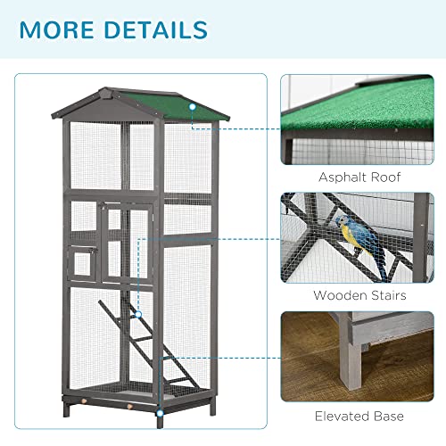 PawHut 65" Wooden Bird Cage Outdoor Aviary House for Parrot, Parakeet, with Pull Out Tray and 2 Doors, Grey | for Parrot, Parakeet, with Pull Out Tray, 2 Doors