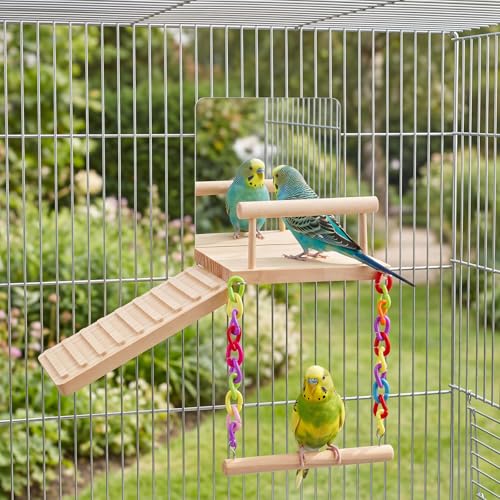 2 Pcs Bird Parakeet Toys, Bird Perch Platform Swing Mirror Ladder with 360° Spin Function, Hanging Parakeet Swing Birds Cage Accessories Toys for Cockatiel Lovebird Parrot