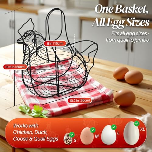 Flexzion Chicken Egg Holder, Black, Rectangular Wire Basket with Handle for Eggs, Fruits, Vegetables, Countertop, Farmhouse Rustic Style - size: Medium Chicken Basket