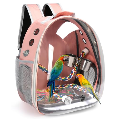 Bird Backpack Carrier, Travel Bird Cage for Small Medium Size Parrot Parakeet Budgies Cockatiel, Portable Clear Bubble Window Bag with Stainless Steel Tray Food Bowl Standing Perch (Pink) - color: Pink