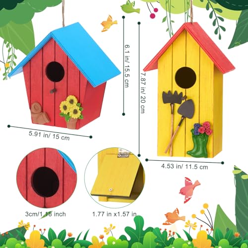 DoubleFill 2 Pcs Birdhouses for Outdoor Hanging Yard Outside Wooden Birdhouse Hand Painted Bird Box for Bird Lovers Bluebird Tree Garden Decor Decorative Birdhouse(Red,Yellow,Wooden Roof) - color: Red,Yellow, size: Wooden Roof