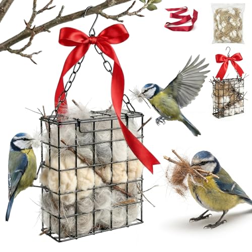 Bird Nesting Material Holder, Pet Fur Holder for Bird Nests, with Jute Fiber & Red Ribbon to Attract Wild Birds, Reusable Bird Nesting Holder for Nest Building