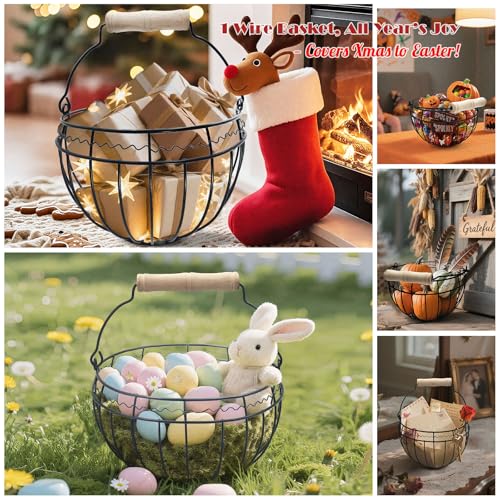 Farmhouse Wire Egg Basket for Gathering Fresh Eggs, Holds 24 with Handle | Vintage Style, Black Metal Open Weave, Backyard Chicken Keepers, Easter/Christmas Gift, Egg Collecting Basket, Countertop