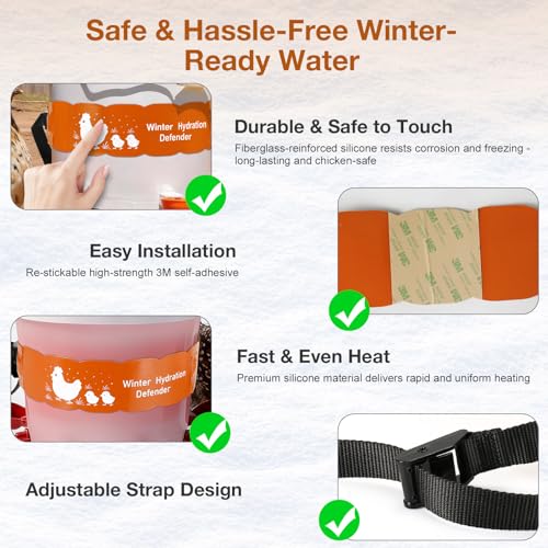 Thermostat Chicken Waterer Heater, Thermo Bucket Belt Heated Strap for 2-5Gal Bucket Chicken Waterers with 6ft Power Cord, 77℉ Automatic Shut-Off, Safe for Outdoor Use, Poultry Water Deicer