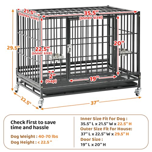 Homey Pet 37 Inch Heavy Duty Dog Crate for Medium Dogs | Stackable Dog Cage Kennel with Four Lockable Wheels, Removable Tray & Grid, Open Top, Escape Proof Dog Kennel Indoor - size: 37.0"L x 22.5"W x 29.2"H