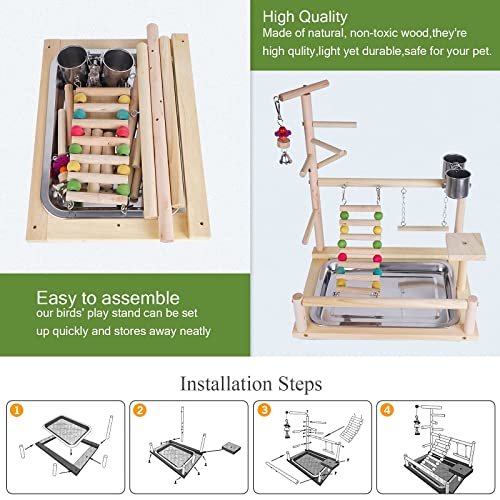 Bird Playground, Parrot playstand, Bird Play Stand, Parakeet Playground, Wood Perch Gym Playpen Ladder with Feeder Cups Toys Exercise Play