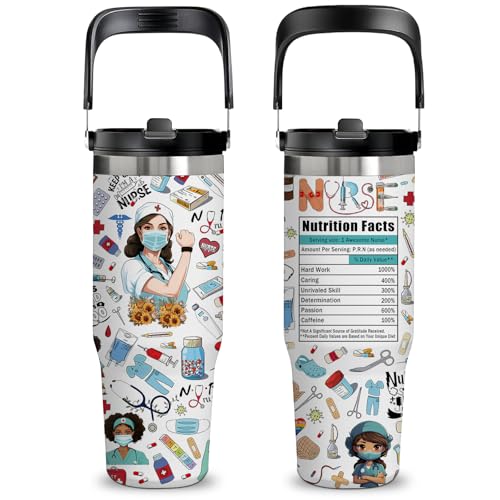 30oz Nurse Tumbler for Women - Leak Proof Stainless Steel Travel Mug with Handle & Flip Straw - Nurse Gifts for Women, Nurses Week, Birthday - BPA-Free, Fits Car Cup Holders, Work & Outdoor Use - color: Nurse2