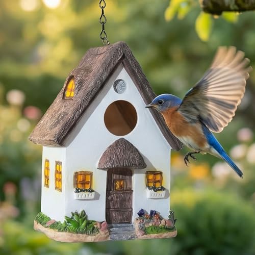 DEWEL Bird Houses for Outside, Waterproof Resin Birdhouses for Outdoors Garden, Patio, Yard, Hanging Decorative Bird House for Bluebird Finch Swallow Wren Chickadee, Gift for Bird Lovers - color: White