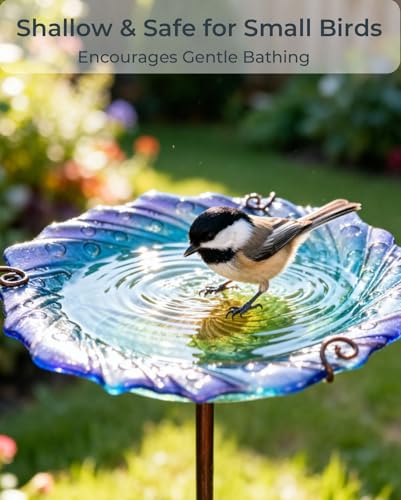 Blue Glass Bird Bath, 10.5" Shallow Birdbath with 3-Prong Stake | Decorative Birdbath Bowl & Wild Bird Feeder for Garden, Patio, Backyard Decor