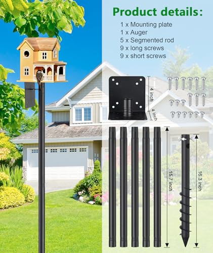Heavy Duty Bird Feeder Pole - 73 Inch Adjustable 1 Inch Metal Bird House Pole with 14” Deep Auger Base | Outdoor Mount Kit for Bluebird Houses, Hummingbird Feeders, Smart Bird Feeder with Camera - size: 73"
