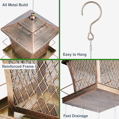 Bird Feeder Outdoors Hanging, 4 lbs Large Capacity Metal Wild Bird Feeders | Vintage Bronze Finish Rust-Resistant Birdfeeder for Garden Yard Balcony Decor, Easy Fill, Thickened