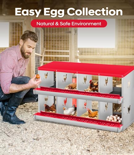 8 Compartment Chicken Nesting Box, Heavy Duty Metal Laying Box with Perch, Easy Assembly & Easy Clean for Outdoor Chicken Coop, Red - color: Red, size: 8 Compartment