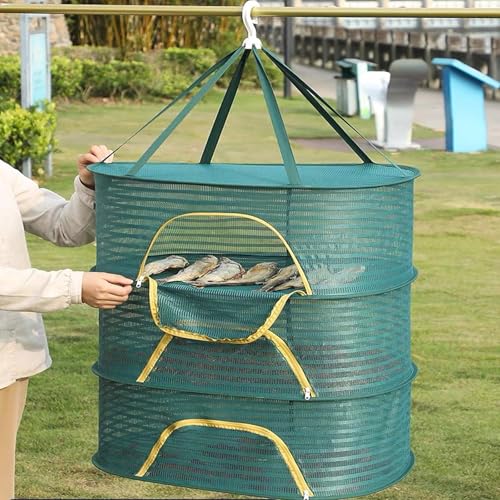 Hanging Drying Net Herb Drying Rack Foldable Fish Mesh Rack Net 19.7"x27.6"x25.5" Large 3 Layer Collapsible Dry Net with Zippers for Drying Fish Plants Vegetables Fruit Herb Flowers Clothes (Green) - color: Green