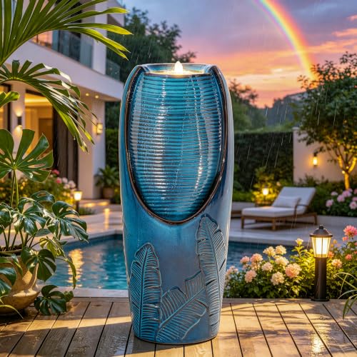 Autodaya 33" H Ceramic Jar Outdoor Water Fountain, Banana Leaf-Texture | Artisan High-Fired Glaze, Warm Ambient LED Lighting, Upgraded Pump, Soothing Cascading Water Feature For Garden Patio Yard - color: 32"h-leaf Pattern Teal Blue Glaze