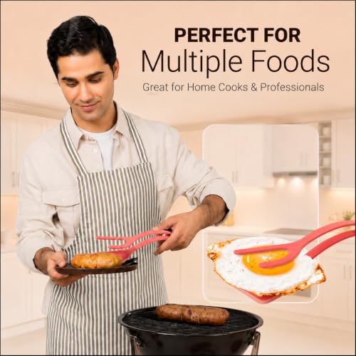 Silicone Egg Flipper Spatula Tongs (Set of 1) – Non-Stick 2-in-1 Grip & Flip Kitchen Tongs for Pancakes, Fish, Eggs, and More – Heat Resistant Cooking Tool (Red) - color: Red