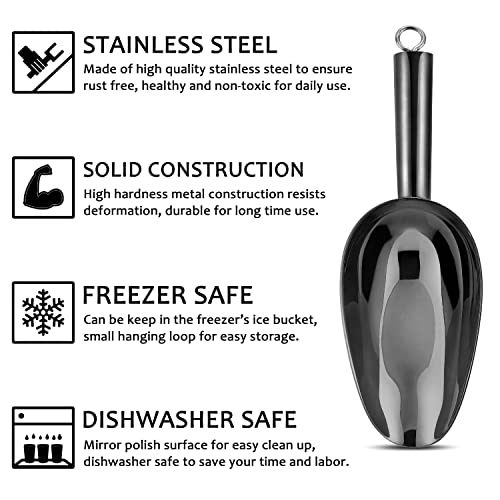 6 Ounce Ice Scoop Set of 2, E-far Platinum Black Stainless Steel Small Scoops for Ice Cube/Candy/Flour/Sugar, Metal Utility Scoops for Canisters, Baking, Kitchen Pantry, Rust Free - color: Black