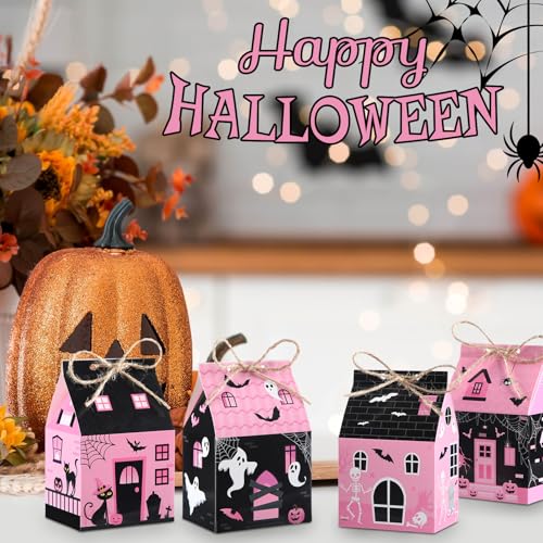 Zhanmai 48 Pcs Pink Halloween Treat Boxes Mini Black Castle House Candy Pink Box Small Halloween Paperboard Gift Container for Holiday Party Treat Cookie Goodie Snack Gift Packaging - style: Pink Halloween