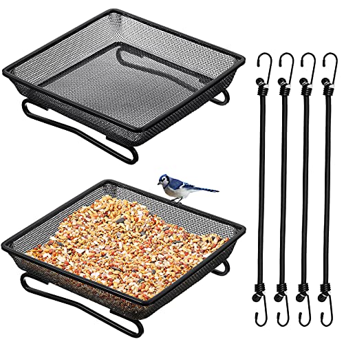 2 Pcs Deck Railing Balcony Bird Feeder Tray with 4 Fixed Elastic Ropes | 7x7x2 Inch, Metal Iron, Rust-resistant, Fits Deck Railing, Balcony, Garden Wall, Backyard, for Wild Birds and Squirrels