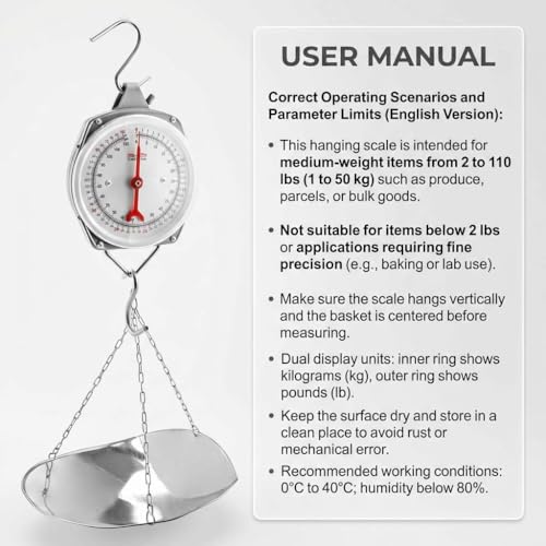 QWORK 110 lbs Large Display Spring Dial Weight Scale & Scale Scoop/Chain with Hanging Cradle, Steel Construction, for Shopping, Traveling, Kitchen, Silver