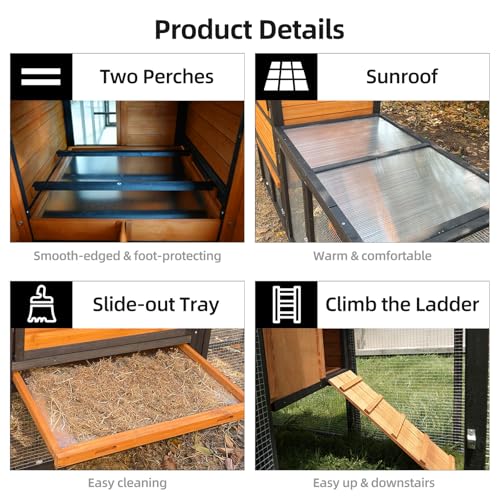 113inch Chicken Coop, Large Wooden Chicken Coop with Nesting Boxes & Run Cage for 3-6 Chickens, Outdoor Hen House Poultry Hutch Rabbit Cage with No-Slip Ramp & Pull-Out Tray for Backyard Farm - color: brown
