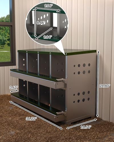 Chicken Nesting Box, 8 Compartment Metal Nesting Box, Wall Mountable Nesting Boxes with Swing Perch and Roll Away Egg Collection, Vented Holes, 8 Training Eggs Included - color: Green